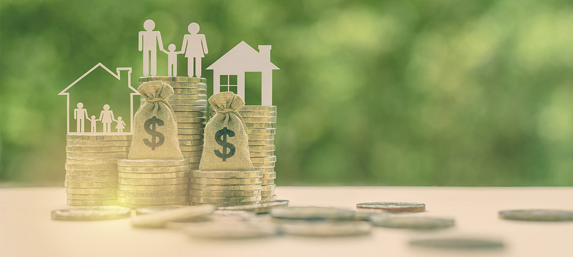 coins and bags of money in front of house and people drawings