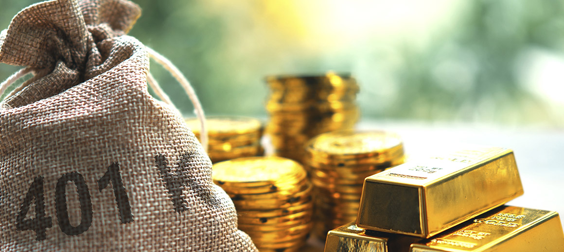 bag of money that says 401k on it and gold coins